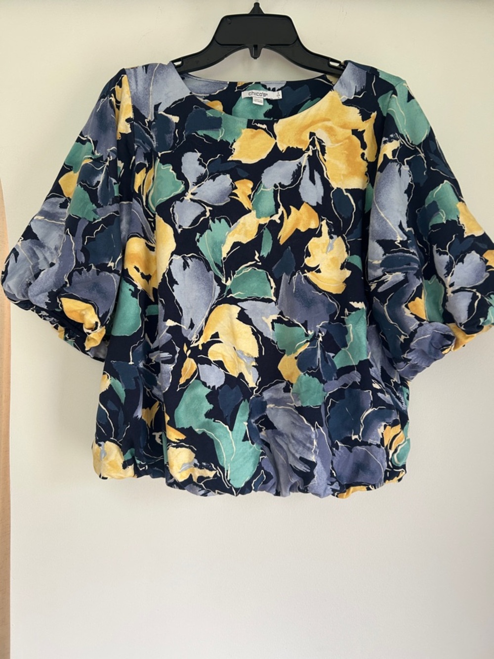 Chico's Navy Floral Print Puff-Sleeve Blouse with Yellow & Teal Accents